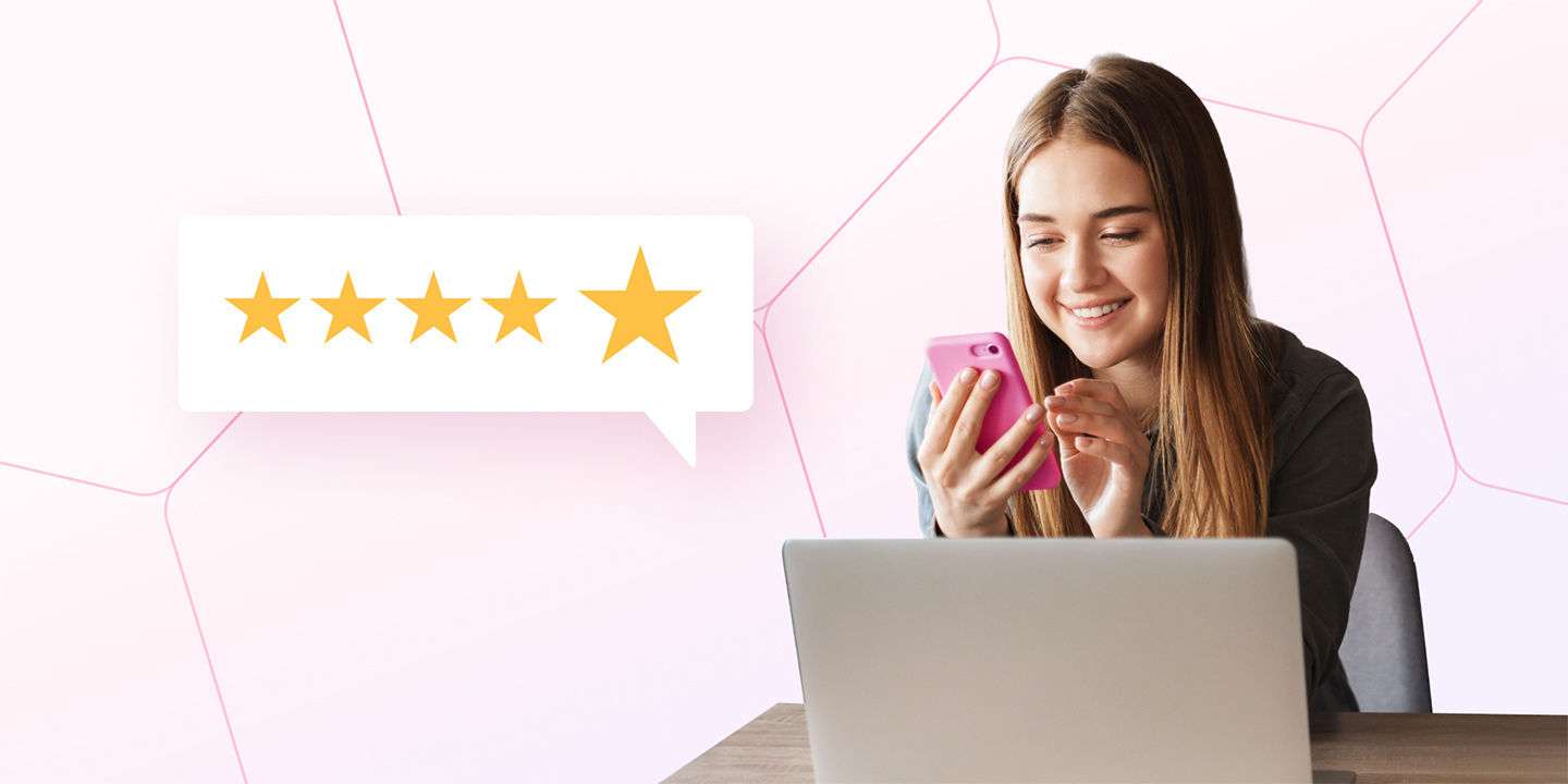 A student sits in front of a laptop with a mobile phone. A speech bubble shows a rating of 5/5 stars.