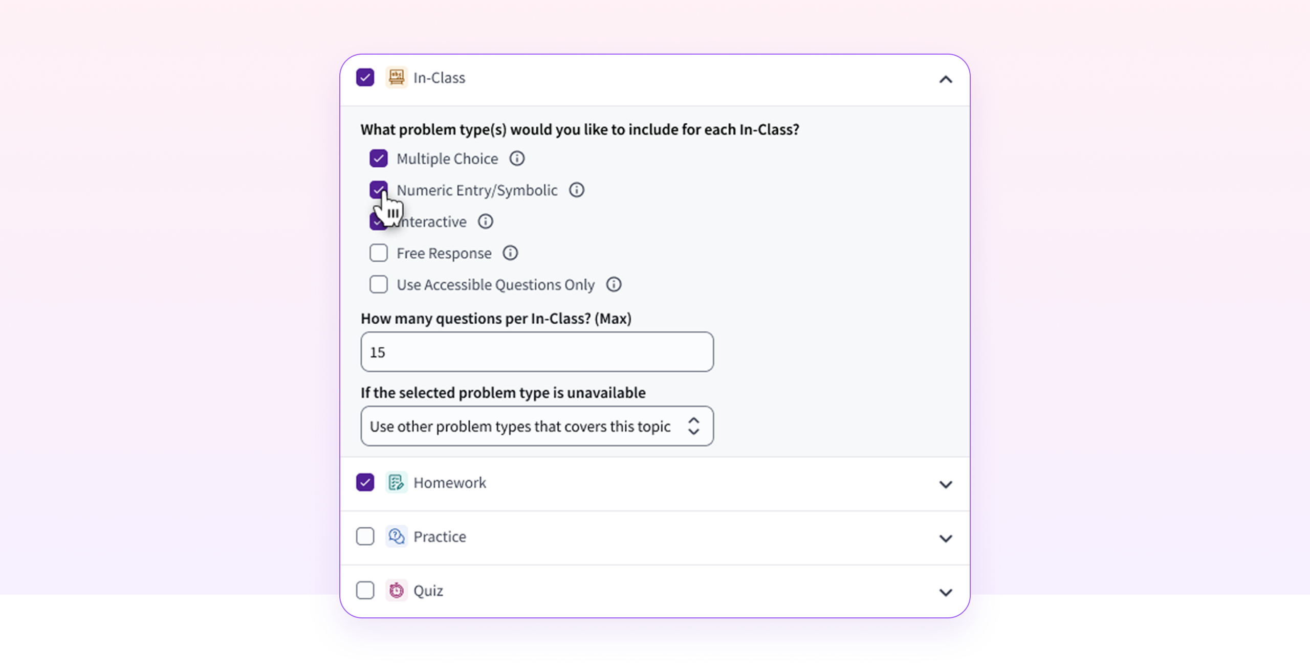 A screen from the Ace Assignment Builder setup where an instructor can check boxes to include the types of questions they wish on an assignment that is then automatically generated for them using AI.
