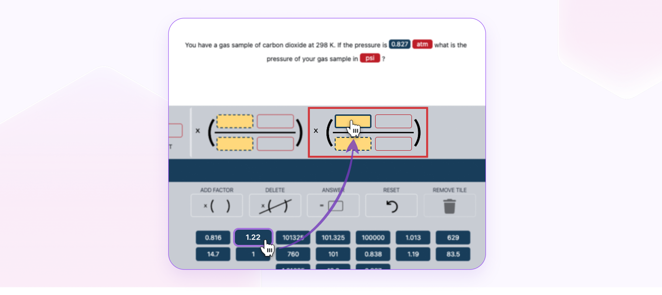 Arrows illustrate how a student would interact with dimensional analysis questions by clicking an input and then clicking to place it.