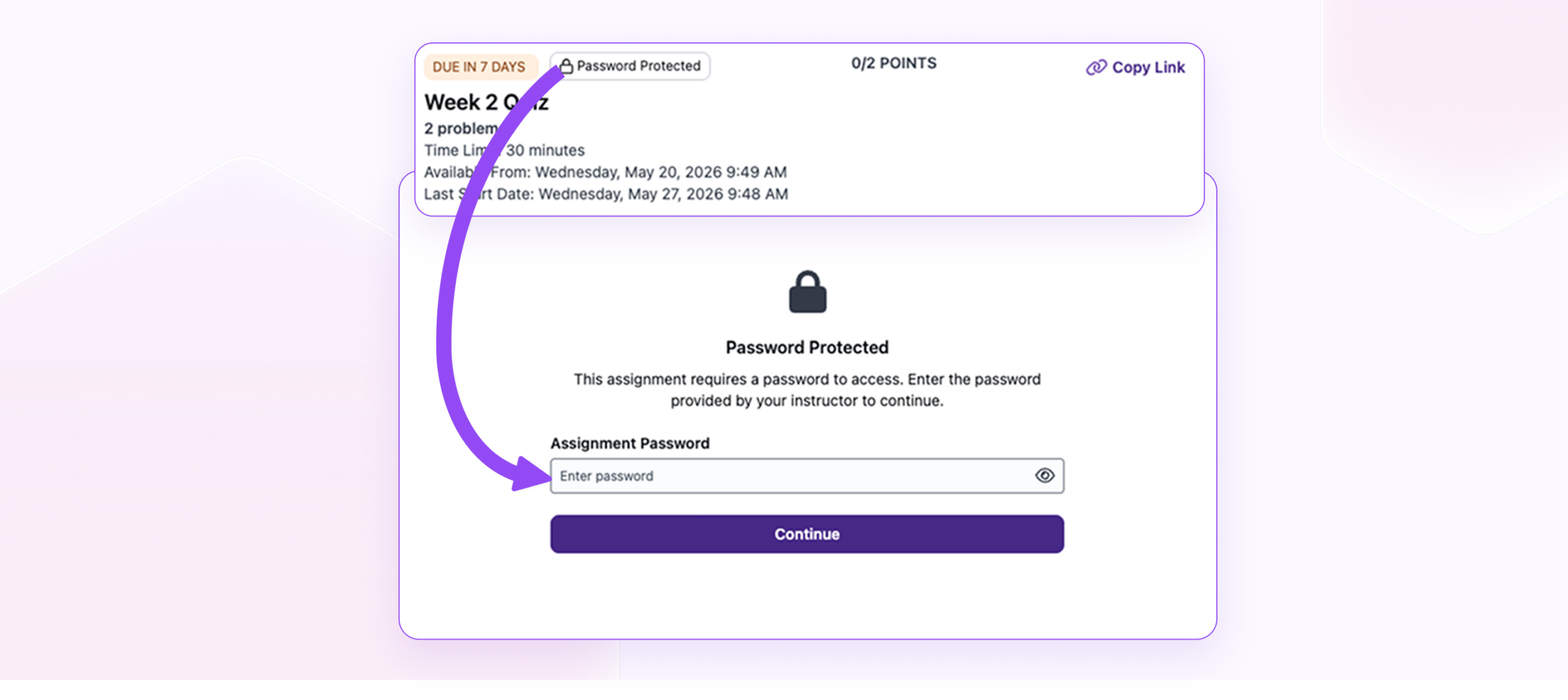 Image illustrates how a student must enter a password before accessing a quiz.