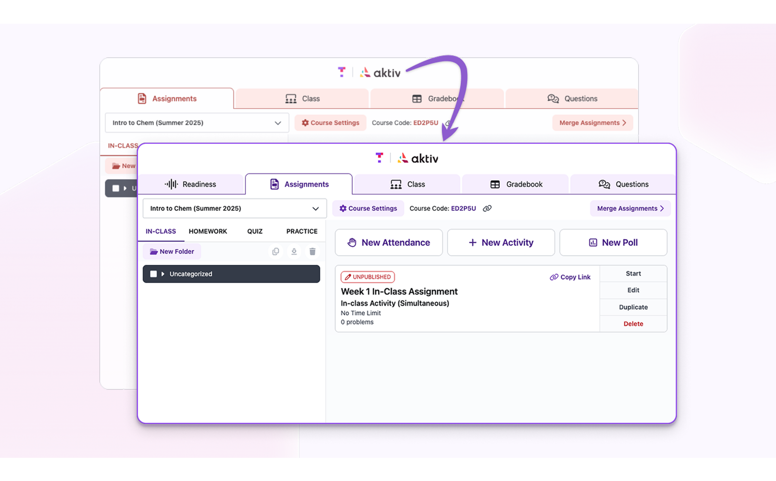 Overlapping images show the transition from Aktiv's deep red theme to the new purple theme.