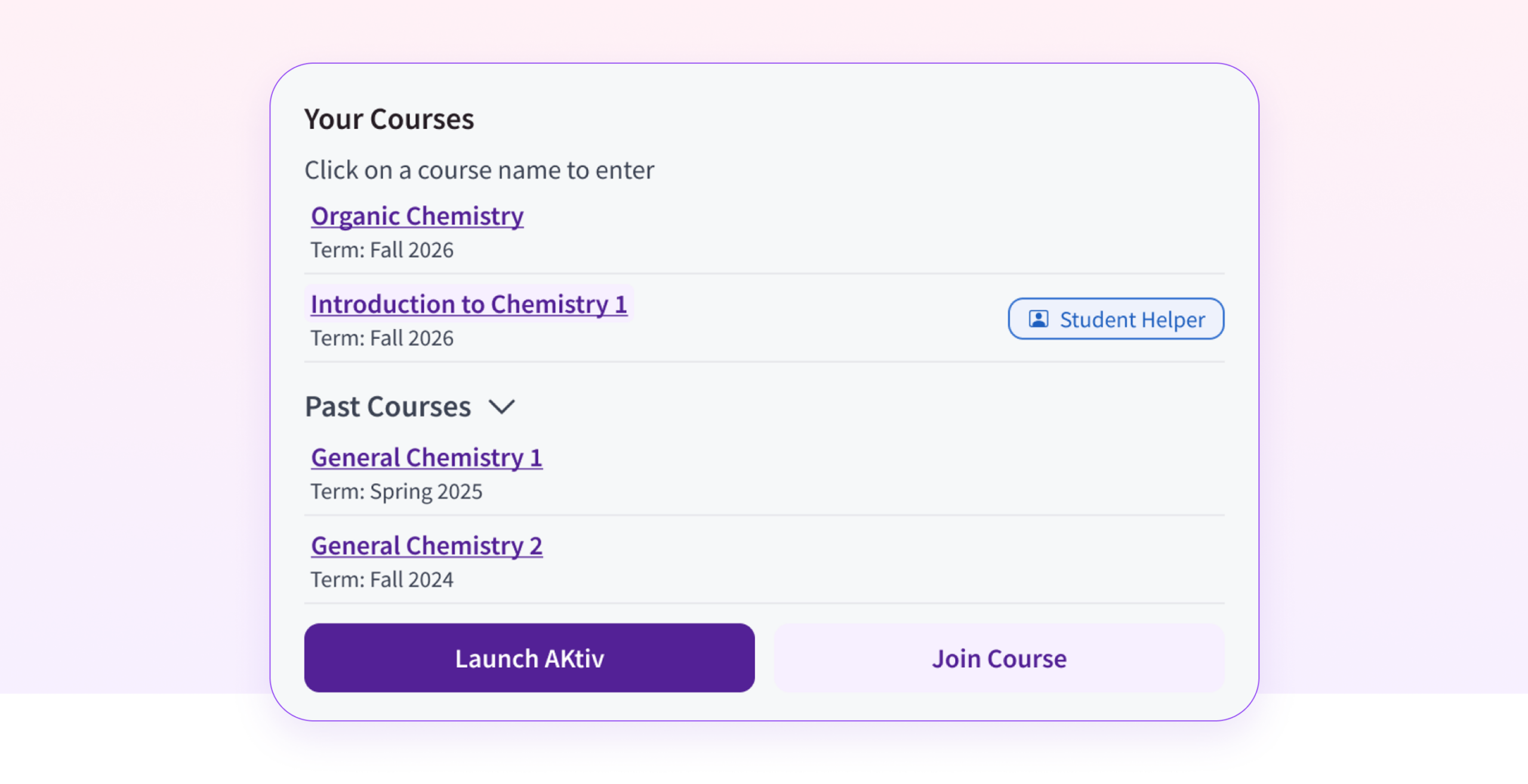 View of a student login screen with "Student Helper" indicated for a course.