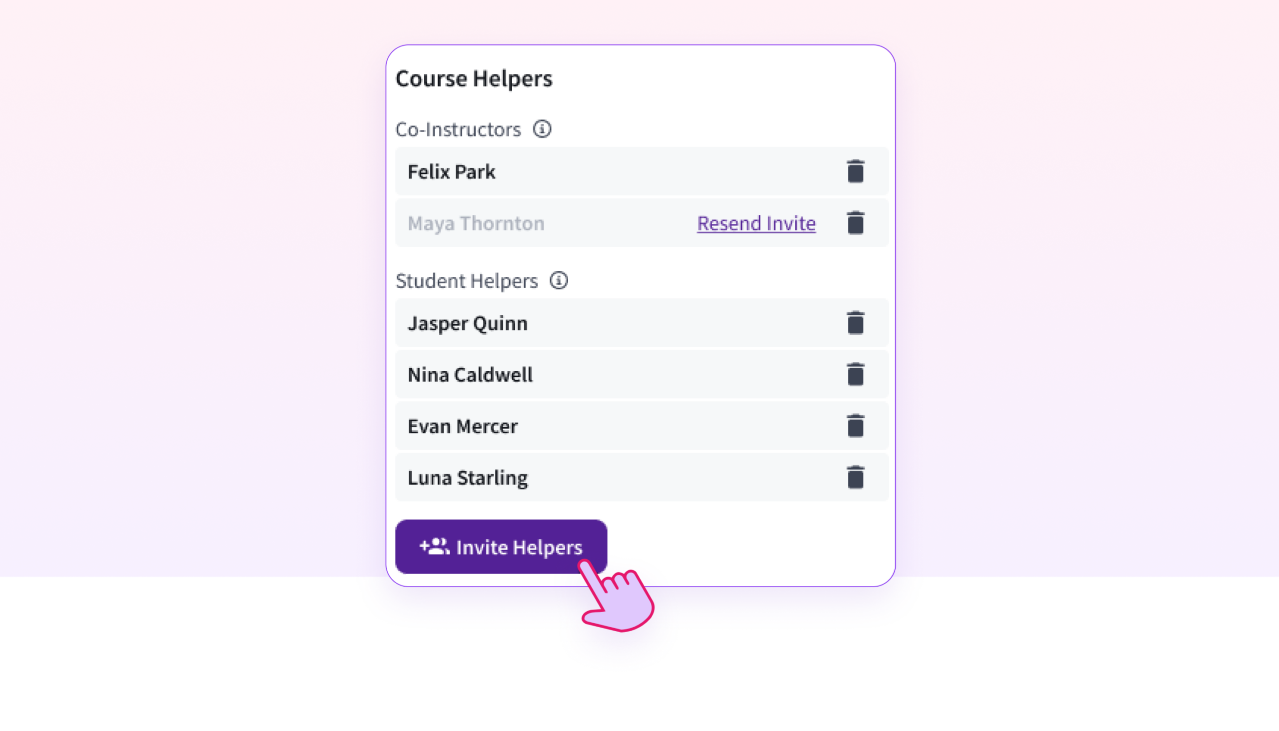 Aktiv course settings will enable instructors to assign student helper and co-instructor roles by entering their email to send invitations to the course.