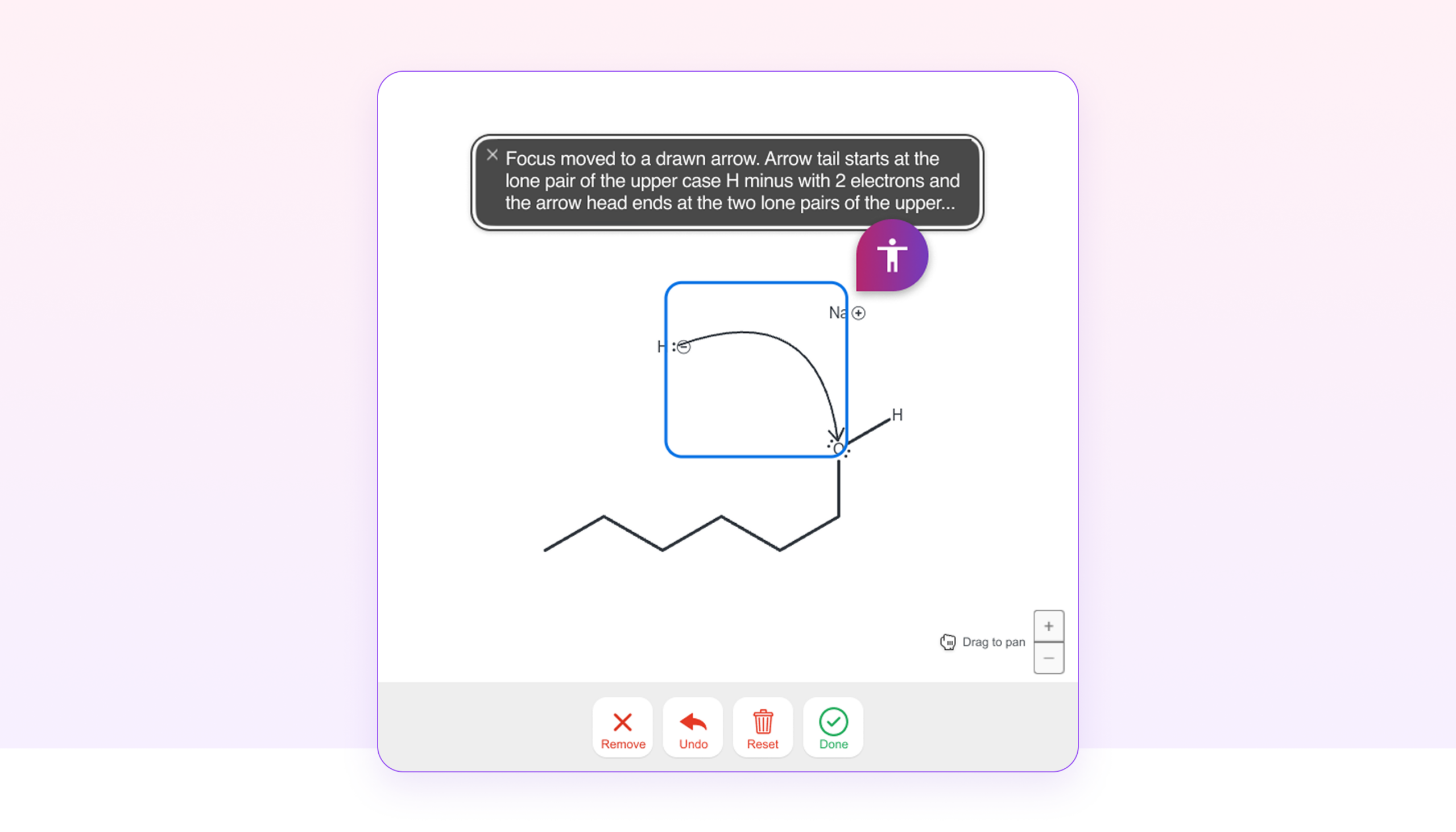 Illustration of an arrow drawing question with a blue outline around the selected figure used for selecting with keyboard navigation and a box that shows the text description that a screenreader will read aloud.