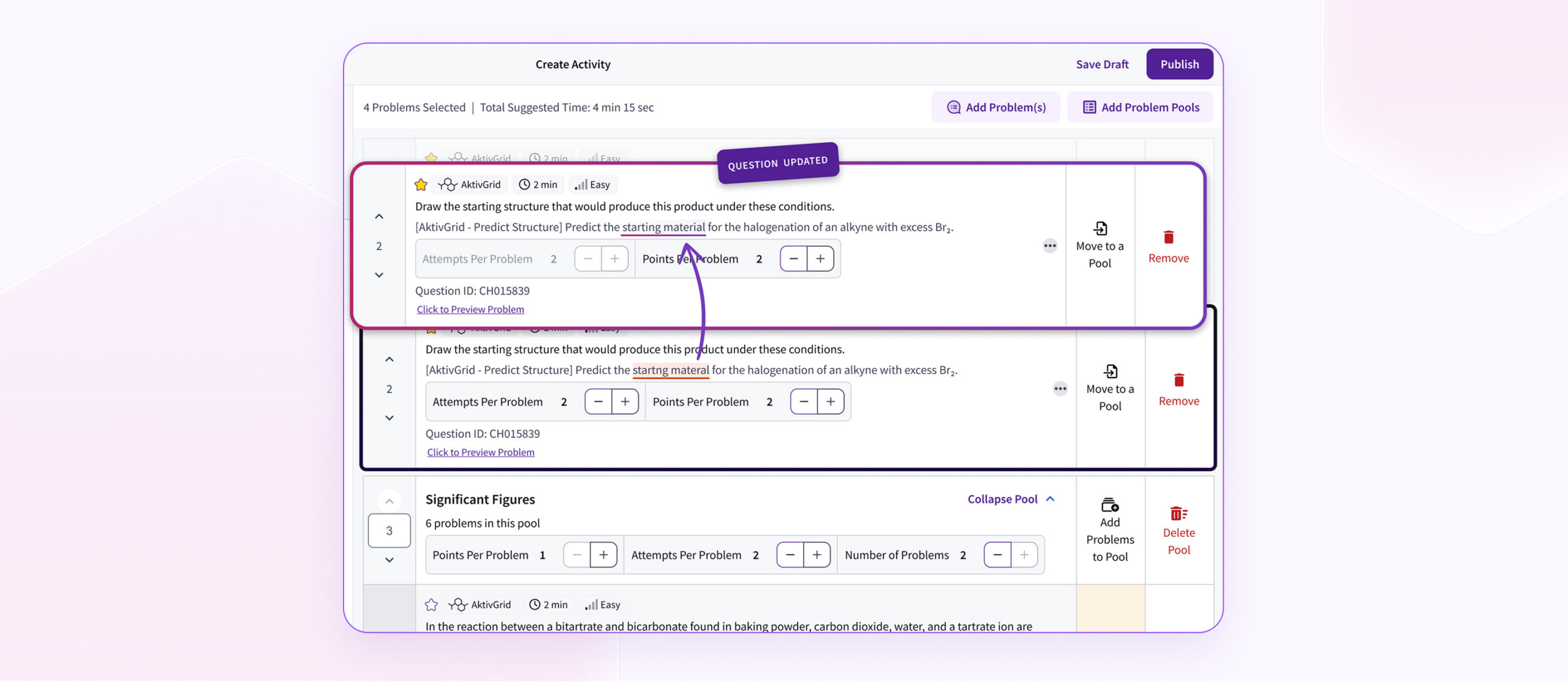 Top image shows a question with an error, bottom image shows error corrected