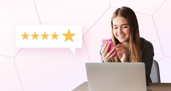 A student sits in front of a laptop with a mobile phone. A speech bubble shows a rating of 5/5 stars.